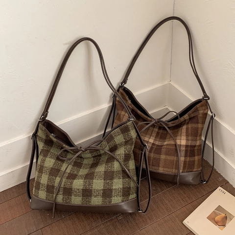 Dames Grote Capaciteit Tote Bag Retro Geblokt Wol PU Leer Patchwork Strik Oksel Schoudertas Herfst Winter