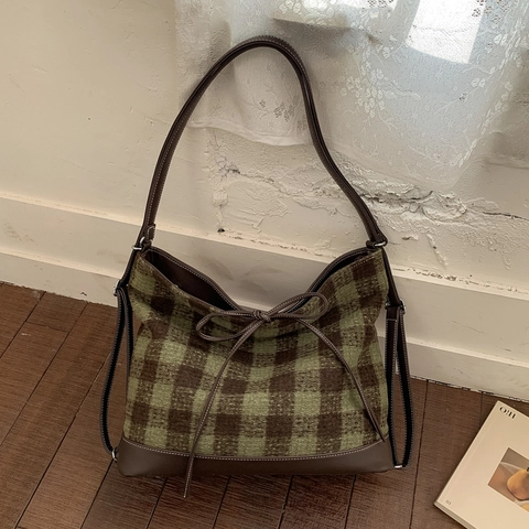 Dames Grote Capaciteit Tote Bag Retro Geblokt Wol PU Leer Patchwork Strik Oksel Schoudertas Herfst Winter