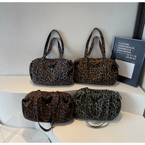 Handtasche Mit Leopard Muster Canvas Schultertasche Große Kapazität Vintage Lässig Tote Mit Vorderer Tasche Für Damen