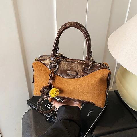 Borsa Boston Donna PU Pelle Camoscio Patchwork Fiocco Tracolla Borsa A Mano Retrò Elegante Con Ciondolo