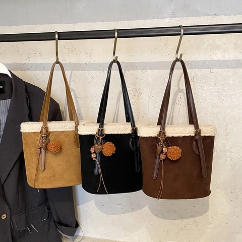 Borsa A Secchiello Da Donna In Ecopelle Scamosciata Con Bordo In Lana D'agnello Grande Capacità Minimalista Invernale