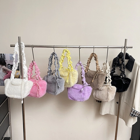 Borsa A Mano In Peluche Di Pelliccia Sintetica Da Donna Con Manico In PU Arricciato Decorazione Fiocco Borsa A Tracolla