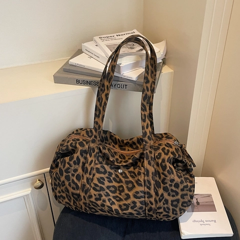 Handtasche Mit Leopard Muster Canvas Schultertasche Große Kapazität Vintage Lässig Tote Mit Vorderer Tasche Für Damen