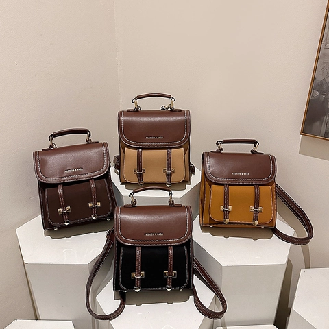 Mini Zaino Borsa A Mano In Pelle PU Retrò Per Donna Cuciture A Contrasto Patta Spalline Regolabili Borsa Da Pendolare