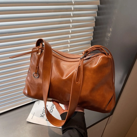 Borsa Hobo Grande Capacità Pelle PU Lucida Morbida Retro Borsa A Spalla Tracolla Per Donna Pendolare Minimalista Cerniera
