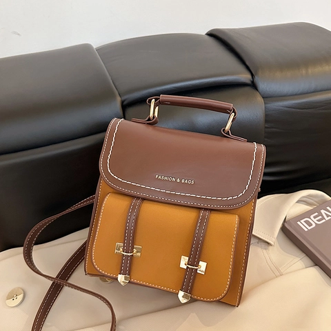 Mini Zaino Borsa A Mano In Pelle PU Retrò Per Donna Cuciture A Contrasto Patta Spalline Regolabili Borsa Da Pendolare