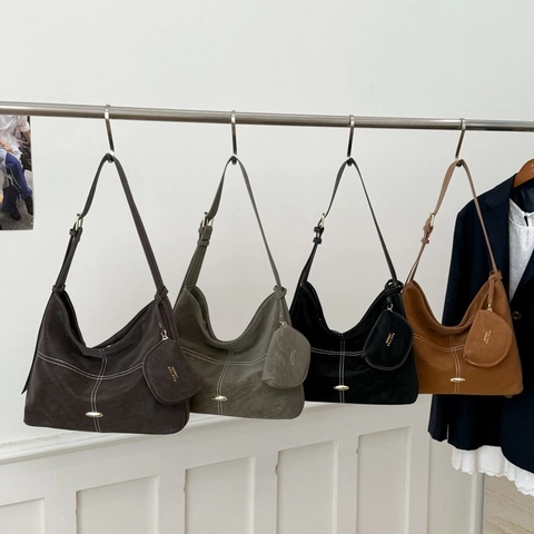 Women Retro Shoulder Bag Matte PU Leather Large Capacity Crossbody Bag With Pouch Contrast Stitching Commuter