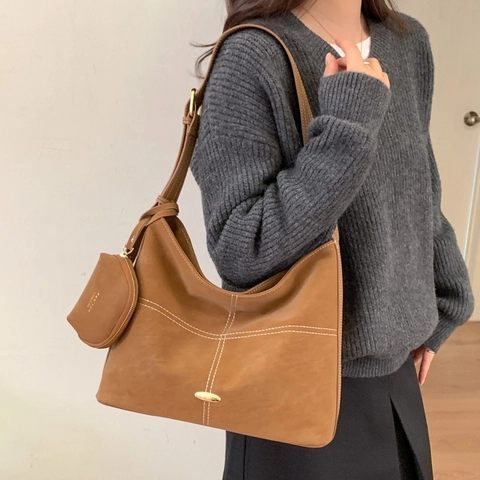 Women Retro Shoulder Bag Matte PU Leather Large Capacity Crossbody Bag With Pouch Contrast Stitching Commuter