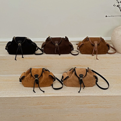 Borsa A Tracolla Vintage In Scamosciato Sintetico Con Coulisse Borsa A Spalla Retro Tinta Unita Tasche Laterali Tracolla Regolabile