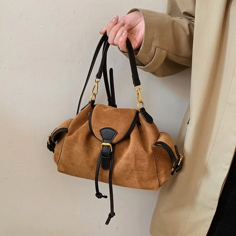 Borsa A Tracolla Vintage In Scamosciato Sintetico Con Coulisse Borsa A Spalla Retro Tinta Unita Tasche Laterali Tracolla Regolabile
