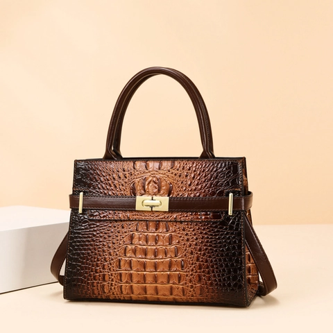 Women Crocodile Pattern PU Leather Handbag Retro Leopard Print Shoulder Crossbody Bag With Gold Tone Turn Lock Top Handle