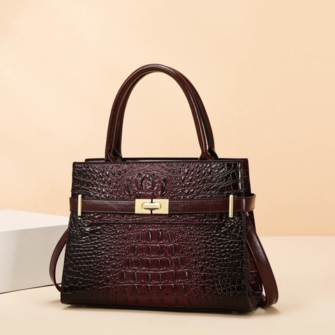 Women Crocodile Pattern PU Leather Handbag Retro Leopard Print Shoulder Crossbody Bag With Gold Tone Turn Lock Top Handle