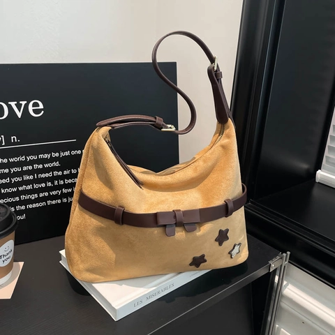 Vintage Faux Suède Hobo Tas Voor Dames Retro Strik Ster Decor Verstelbare Riem Casual Onderarm Schoudertas
