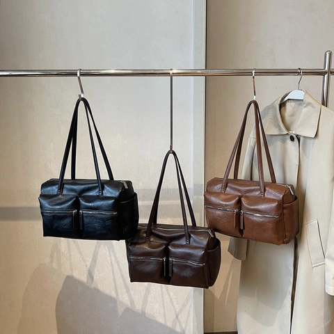 Borsa A Tracolla Da Donna In Pelle PU Vintage Grande Capacità Tasche Multiple Borsa Sottobraccio Lavoro Viaggio Casual Semplice