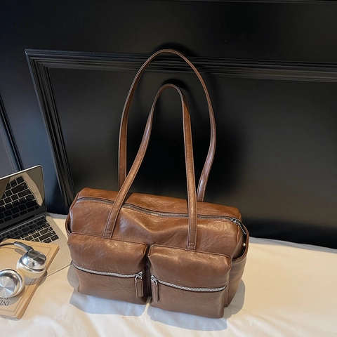 Borsa A Tracolla Da Donna In Pelle PU Vintage Grande Capacità Tasche Multiple Borsa Sottobraccio Lavoro Viaggio Casual Semplice