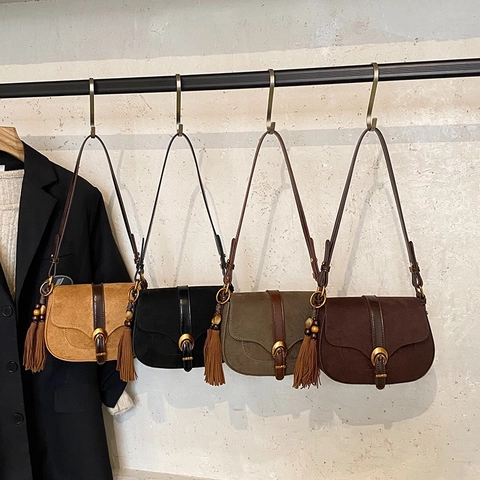 Sac Selle Français Vintage Cuir PU Texture Daim Sac Bandoulière Sacoche Avec Pendentif Gland Pour Femme Rétro