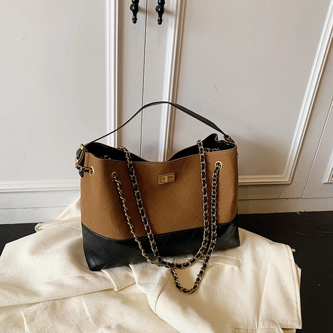 Gesteppte Diamond Tote Bag Splicing PU Leder Schulter Umhängetasche Kette Verschluss Vintage Trendy Damen