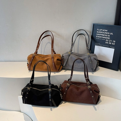Borsa Boston Retrò In Finta Pelle Scamosciata Da Donna Borsa A Spalla Sottobraccio Con Tracolla Regolabile Estetica Minimalista
