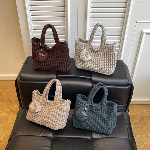 Bolso Tejido A Mano De Hilo De Algodón Punto Bolso De Axila Color Sólido Retro Informal Con Colgante