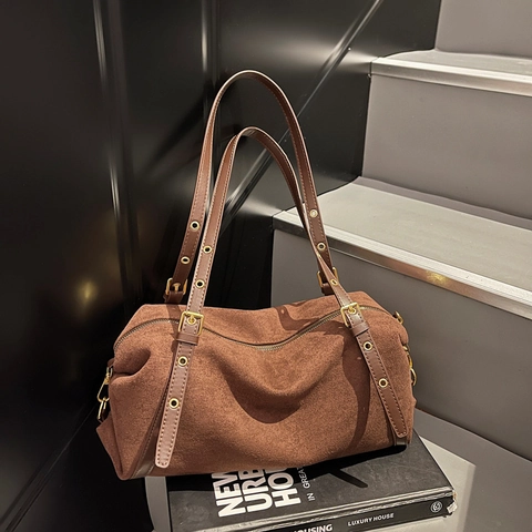 Borsa Boston Retrò In Finta Pelle Scamosciata Da Donna Borsa A Spalla Sottobraccio Con Tracolla Regolabile Estetica Minimalista