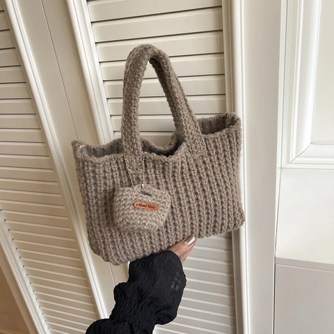 Bolso Tejido A Mano De Hilo De Algodón Punto Bolso De Axila Color Sólido Retro Informal Con Colgante