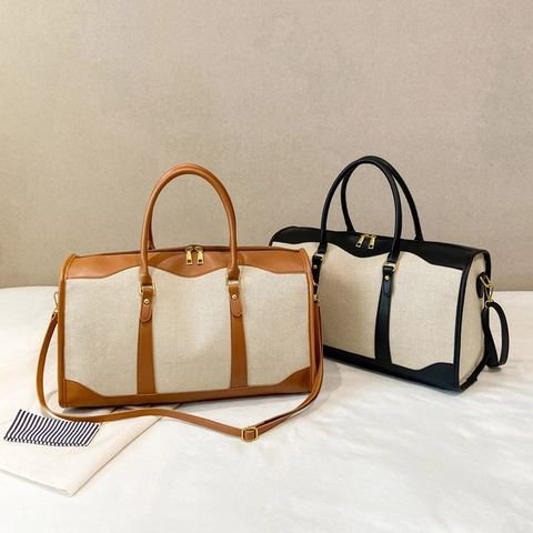 Borsa Boston Retro In Tela E Pelle PU Borsa A Mano Grande Capacità Borsa Da Viaggio Con Tracolla Regolabile Per Donna