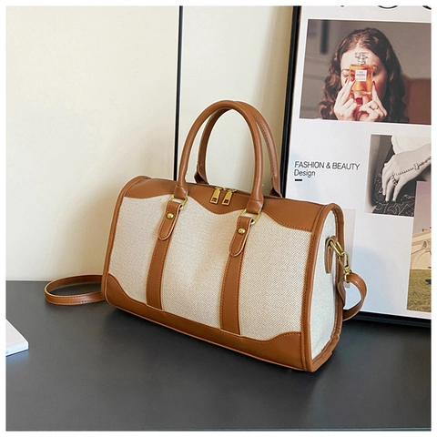Borsa Boston Retro In Tela E Pelle PU Borsa A Mano Grande Capacità Borsa Da Viaggio Con Tracolla Regolabile Per Donna