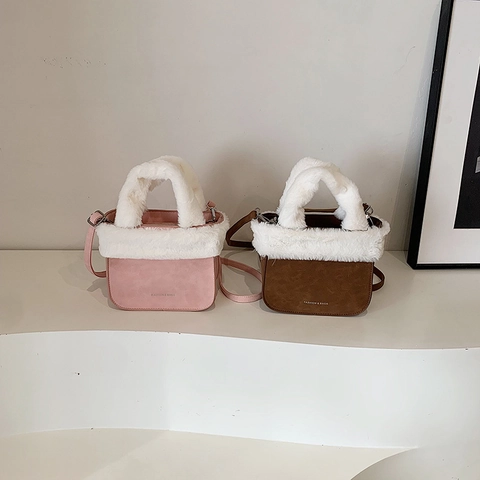 Borsa A Secchiello In Camoscio Invernale Con Bordo In Pelliccia Sintetica Borsa A Tracolla Stile Coreano Per Donna