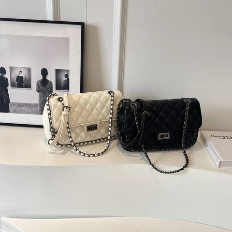 Sac À Bandoulière Matelassé Cuir PU Motif Losange Bandoulière Chaîne Retro Français Sac Main Pour Femme