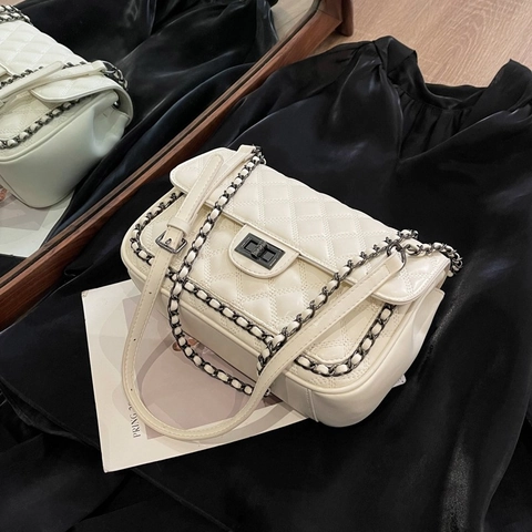 Sac À Bandoulière Matelassé Cuir PU Motif Losange Bandoulière Chaîne Retro Français Sac Main Pour Femme