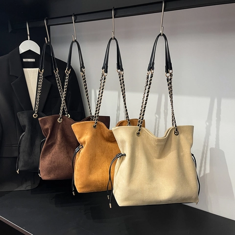 Große Kapazität Tote Bag Wildleder Matt Handtasche Für Damen Daily Commuter Kettenriemen Kordelzug Hobo Umhängetasche Stilvoll