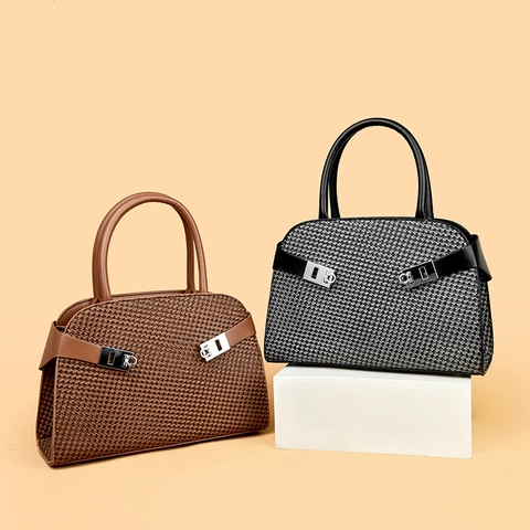 Große Kapazität PU Leder Gewebte Handtasche Damen Vintage Schicke Schulter Crossbody Pendler Tote Tasche Metallschloss