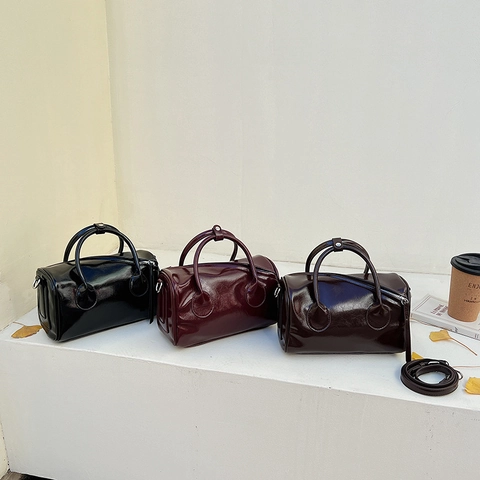 Boston Bag Glossy PU Leather Handheld Crossbody Shoulder Bag Solid Color Vintage Retro Style For Women