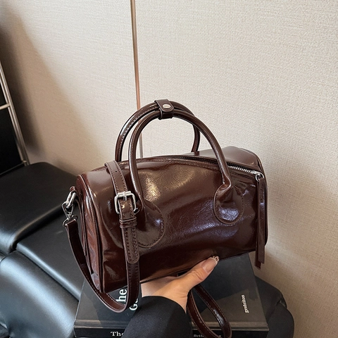 Boston Bag Glossy PU Leather Handheld Crossbody Shoulder Bag Solid Color Vintage Retro Style For Women