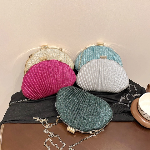 Bolso De Noche Para Mujer Con Forma De Concha Lentejuelas Plisado Clutch De Boda Con Correa De Cadena De Metal