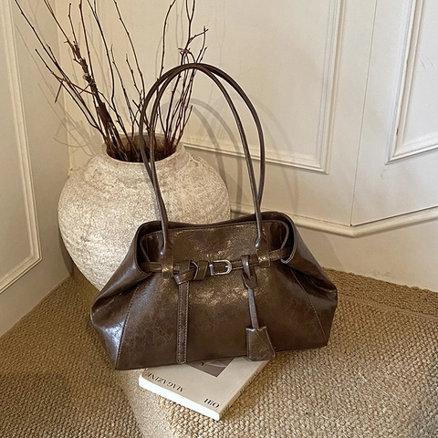 Retro PU Leather Underarm Bag Large Capacity Shoulder Handbag For Women Commuter Fashion With Lock