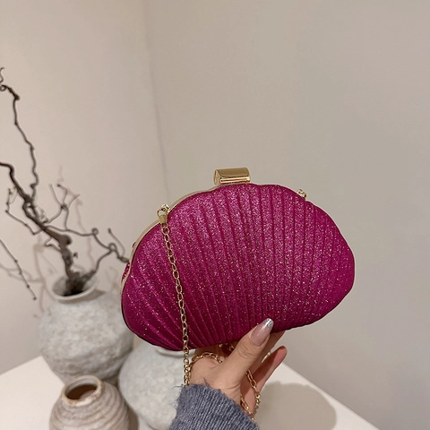 Bolso De Noche Para Mujer Con Forma De Concha Lentejuelas Plisado Clutch De Boda Con Correa De Cadena De Metal
