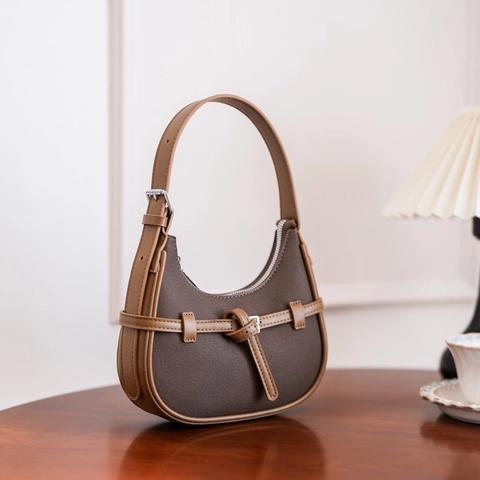 Women Retro Crescent Hobo Shoulder Bag PU Leather Canvas Denim Splicing Knot Decor Adjustable Strap Vintage Minimalist