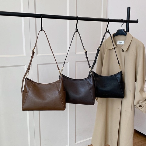 Minimalist Women PU Leather Hobo Bag Solid Color Shoulder Crossbody Purse With Adjustable Strap Gold Hardware For Daily