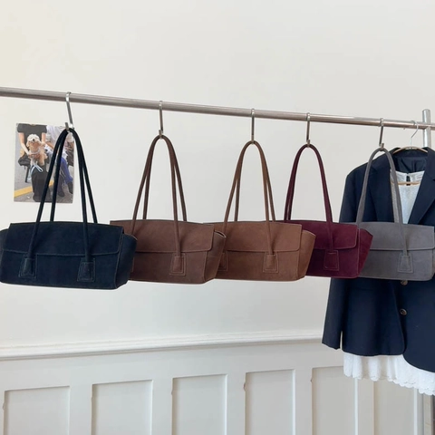 Borsa A Spalla In Pelle PU Scamosciata Grande Capacità Minimalista Rettangolare Con Patta Borsa Sotto L'ascella Da Donna Stile Vintage