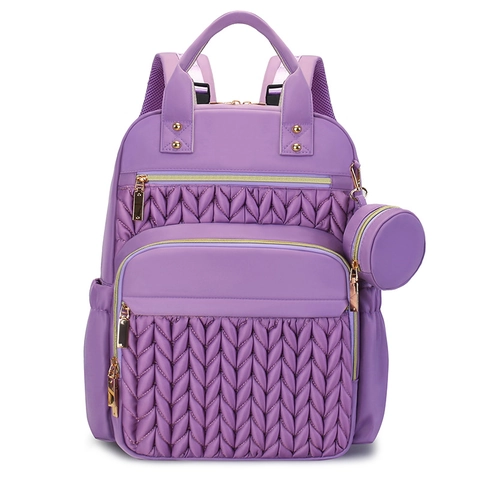 Quilted Nylon Backpack For Women Fashion Large Capacity Travel Diaper Bag With Mini Round Pouch Waterproof Casual Trendy