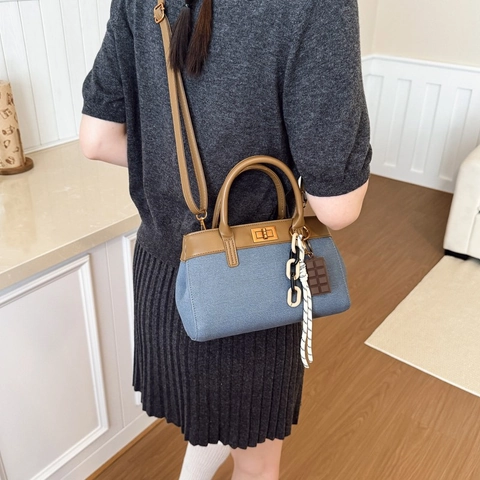 Borsa A Mano Borsa A Tracolla Donna Vintage Pelle PU Tela Chiusura Girevole Dorata Manico Tondo Tracolla Regolabile Chic Moda