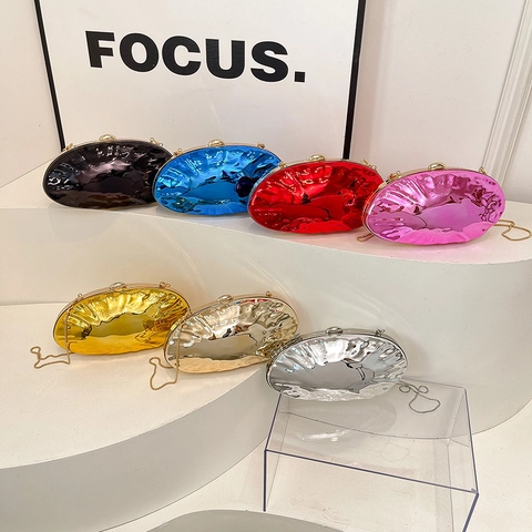Shell Shape Acrylic Evening Clutch Bag Metallic Mirror Ripple Pattern With Chain Strap For Women Wedding Party Luxury