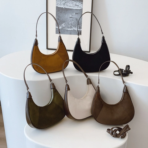 Women Crescent Hobo Bag Vintage Faux Suede PU Leather Patchwork Underarm Shoulder Bag Stylish Zipper Handbag