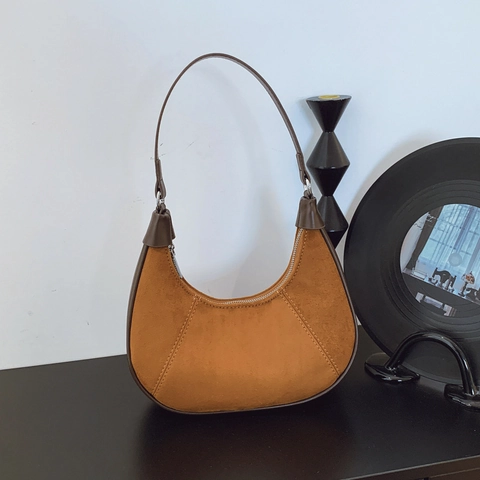 Women Crescent Hobo Bag Vintage Faux Suede PU Leather Patchwork Underarm Shoulder Bag Stylish Zipper Handbag