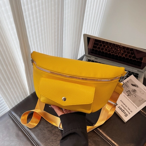 Women Chest Bag Litchi Grain PU Leather Crossbody Waist Pack Large Capacity Adjustable Wide Strap Modern Casual Handbag