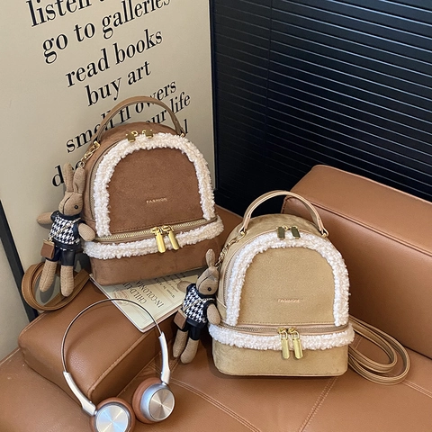 Mini Mochila De Moda Para Mujer Gamuza PU Con Borde De Lana De Cordero Bolso Pequeño Con Llavero De Conejo