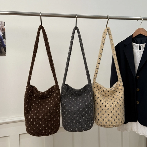 Borsa A Tracolla In Peluche Da Donna Motivo A Pois Stelle Grande Capacità Stile Hobo In Lana Di Agnello Per Inverno