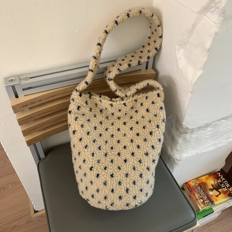 Borsa A Tracolla In Peluche Da Donna Motivo A Pois Stelle Grande Capacità Stile Hobo In Lana Di Agnello Per Inverno