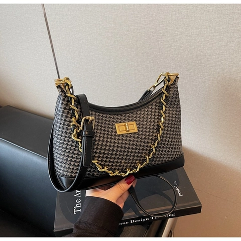 Vintage Gewebte PU Leder Umhängetasche Goldkette Unterarm Schulter Handtasche Mode Frauen Lässig Elegant